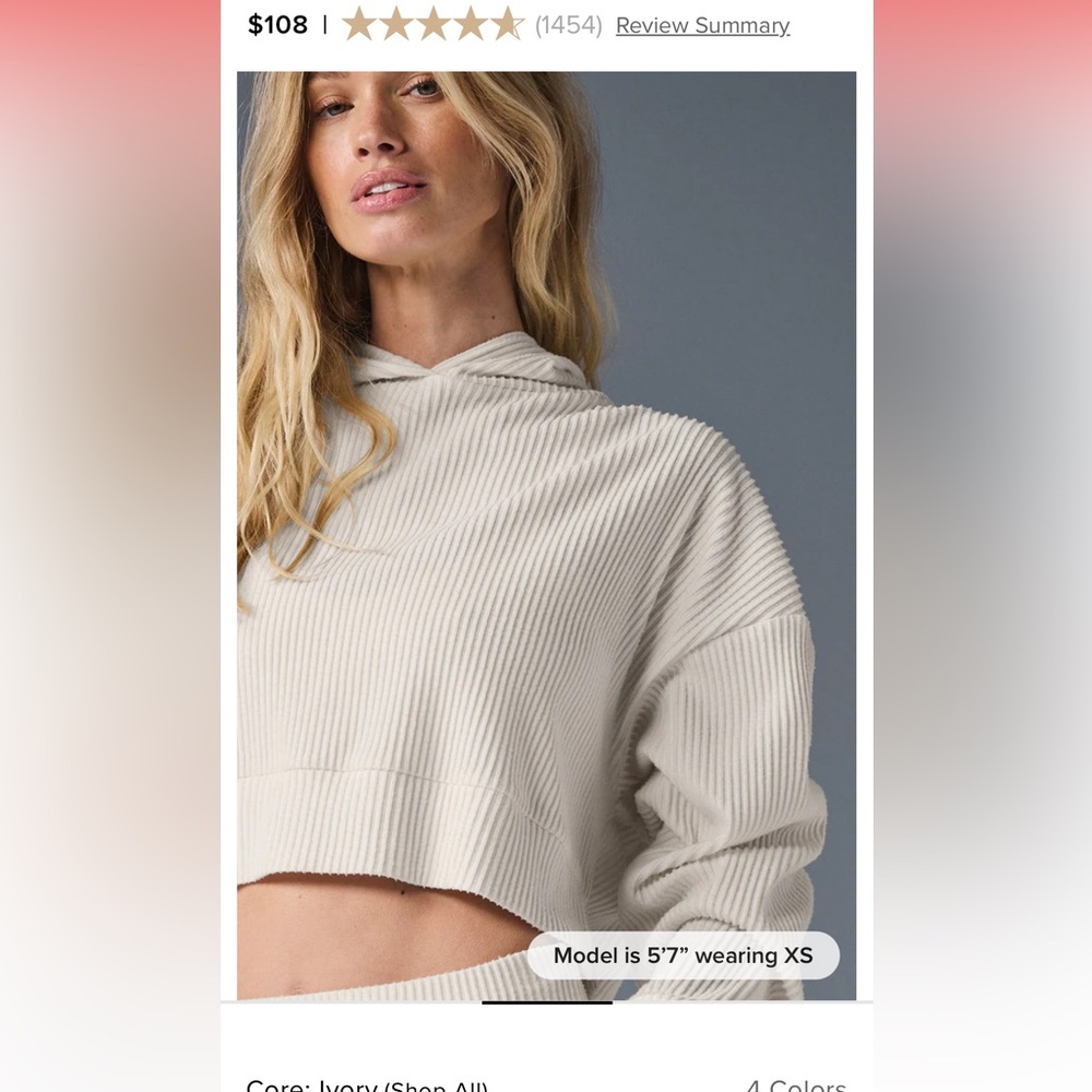 ALO - Ivory Ribbed Cropped Hoodie -Muse